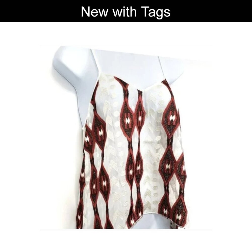 NEW SILK Spaghetti T-Strap Southwestern Embroidered Sheer Tank  Sz XS Line + Dot